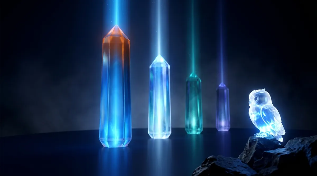 Per platform Share of AI Voice scores visualized as four crystal monoliths at different heights, each emitting its own colored beam of light