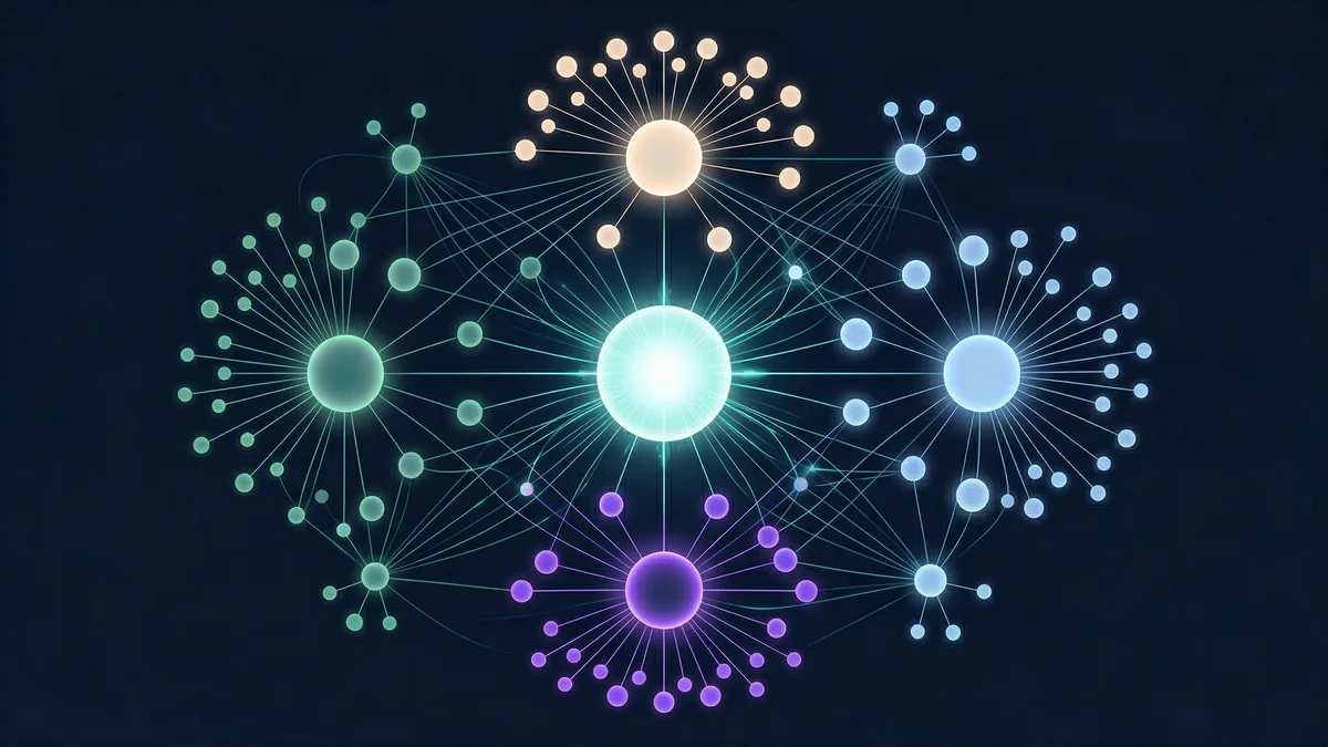 Diagram showing how Organization, Person, Article, WebSite, and FAQPage schema connect through @id references to form an entity web